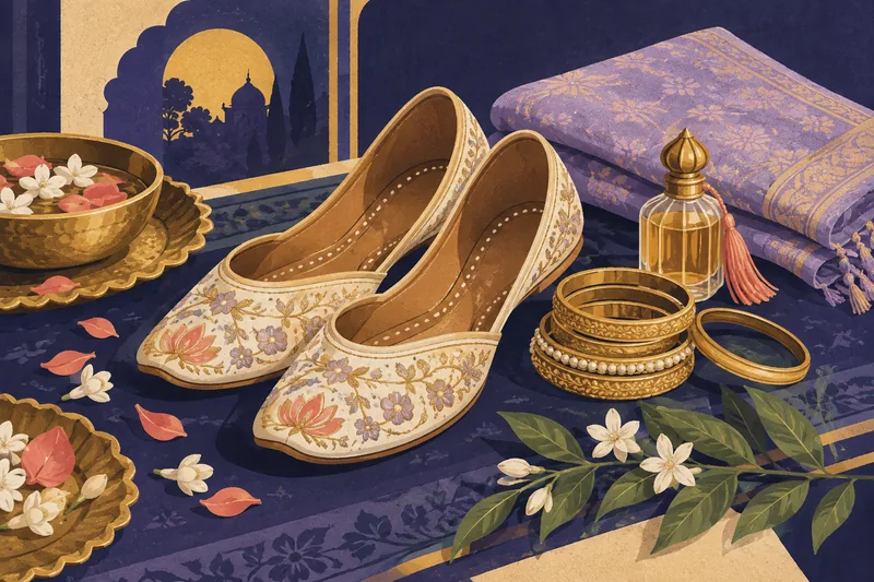 Indigo and gold illustration of wedding juttis, bangles, fragrance and folded fabric