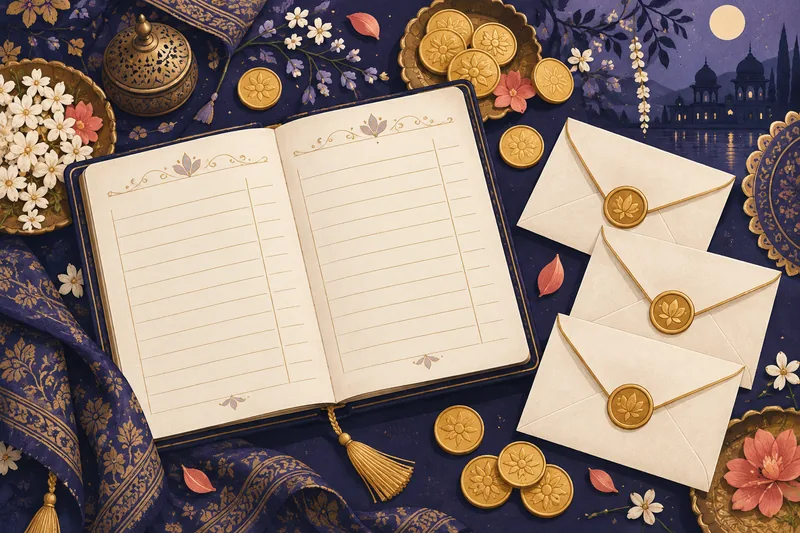 Illustrated wedding budget ledger with golden coins and envelopes