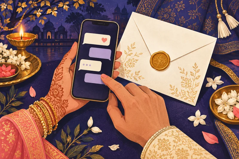 Illustrated hands holding a phone with conversation bubbles beside a wedding invitation