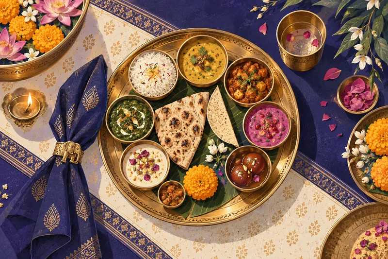 Indigo and gold illustration of an Indian wedding thali with colourful dishes and a marigold