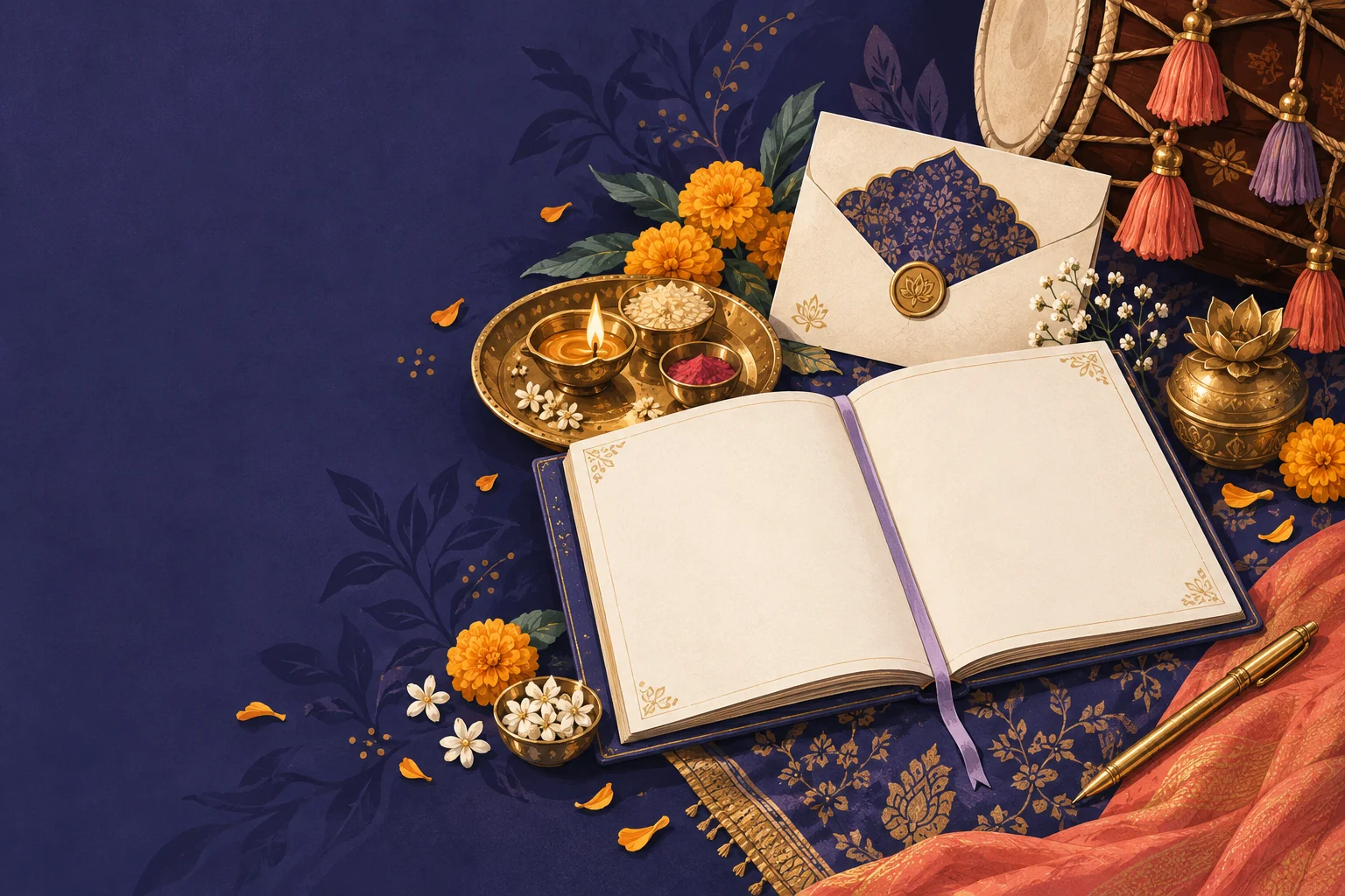 Indigo and marigold illustration of a wedding planner, invitation, brass thali and festive details