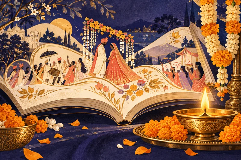 An illustrated open book, glowing brass diya and marigold garland