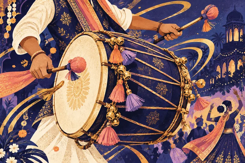 Indigo and gold illustration of a dhol, ghungroo and flowing musical rhythms