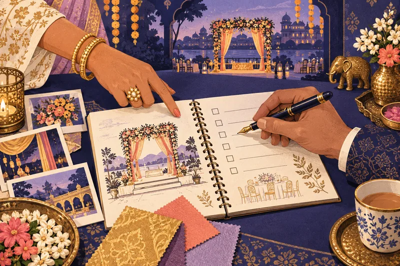 Illustrated hands collaborating over a vendor checklist and fountain pen