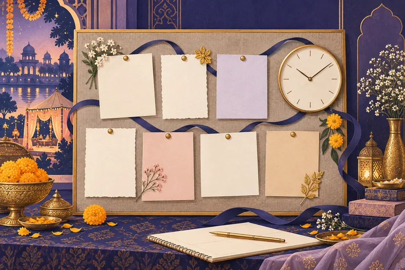 Indigo and gold illustration of a wedding-week planning board with paper cards and a clock