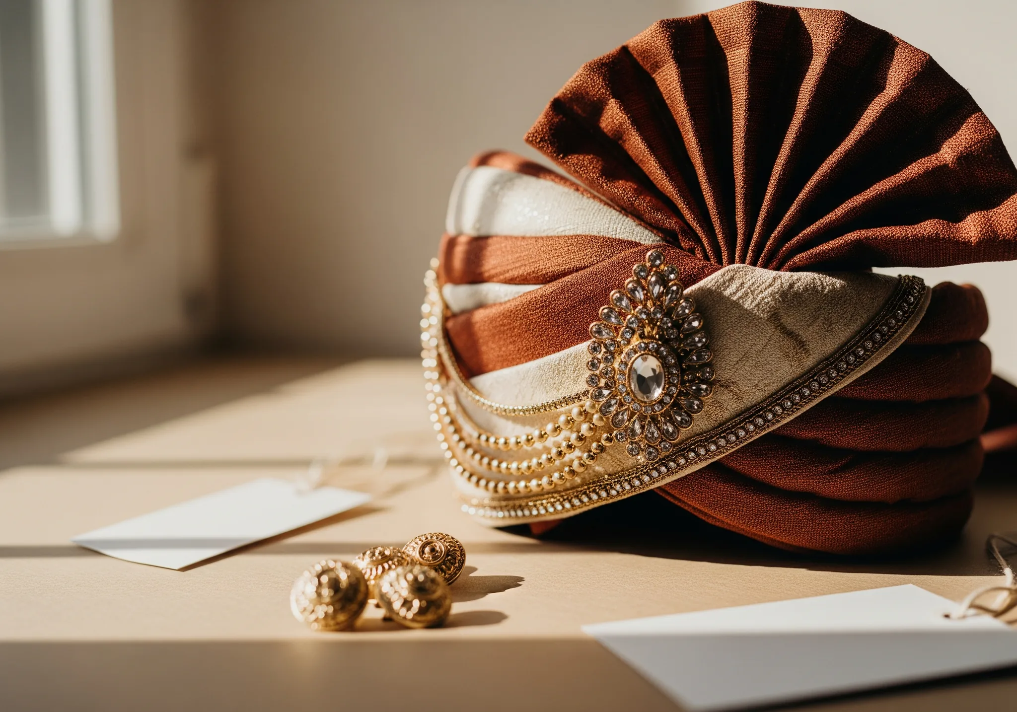 Ornate gold sherwani buttons and a folded safa turban