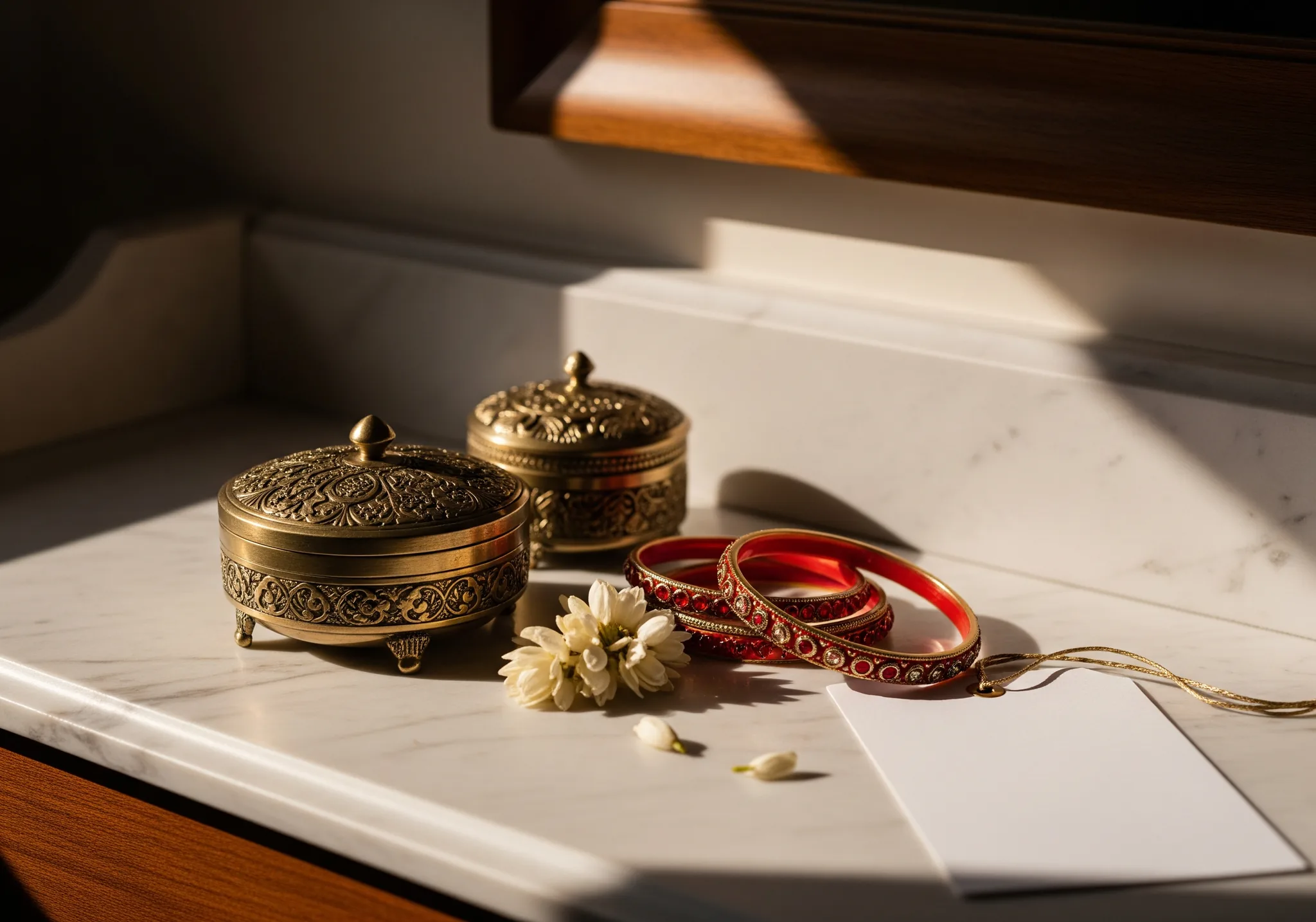 A brass sindoor box, red bangles and a jasmine gajra on a vanity