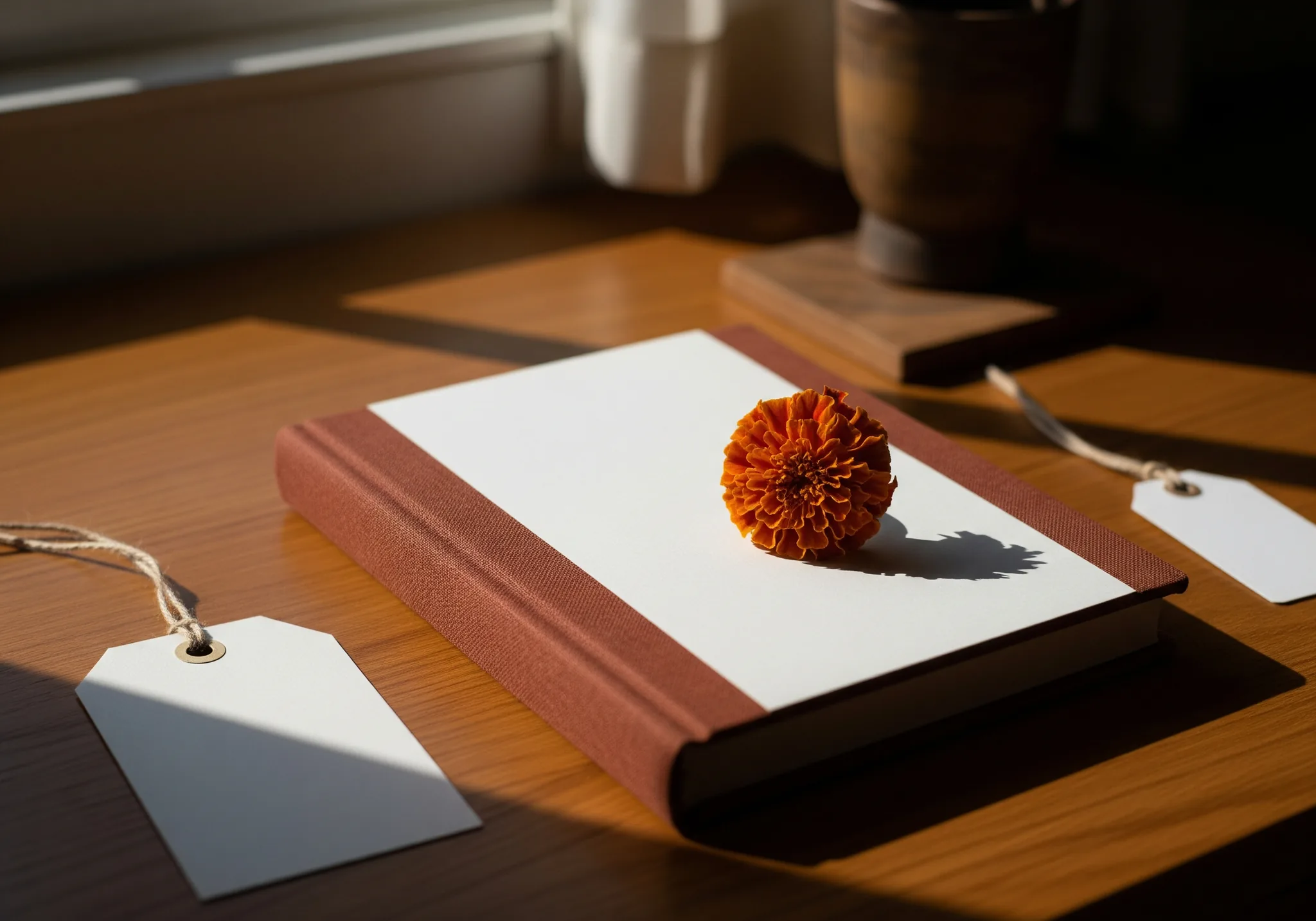 A heritage ledger book with a marigold bloom on its cover