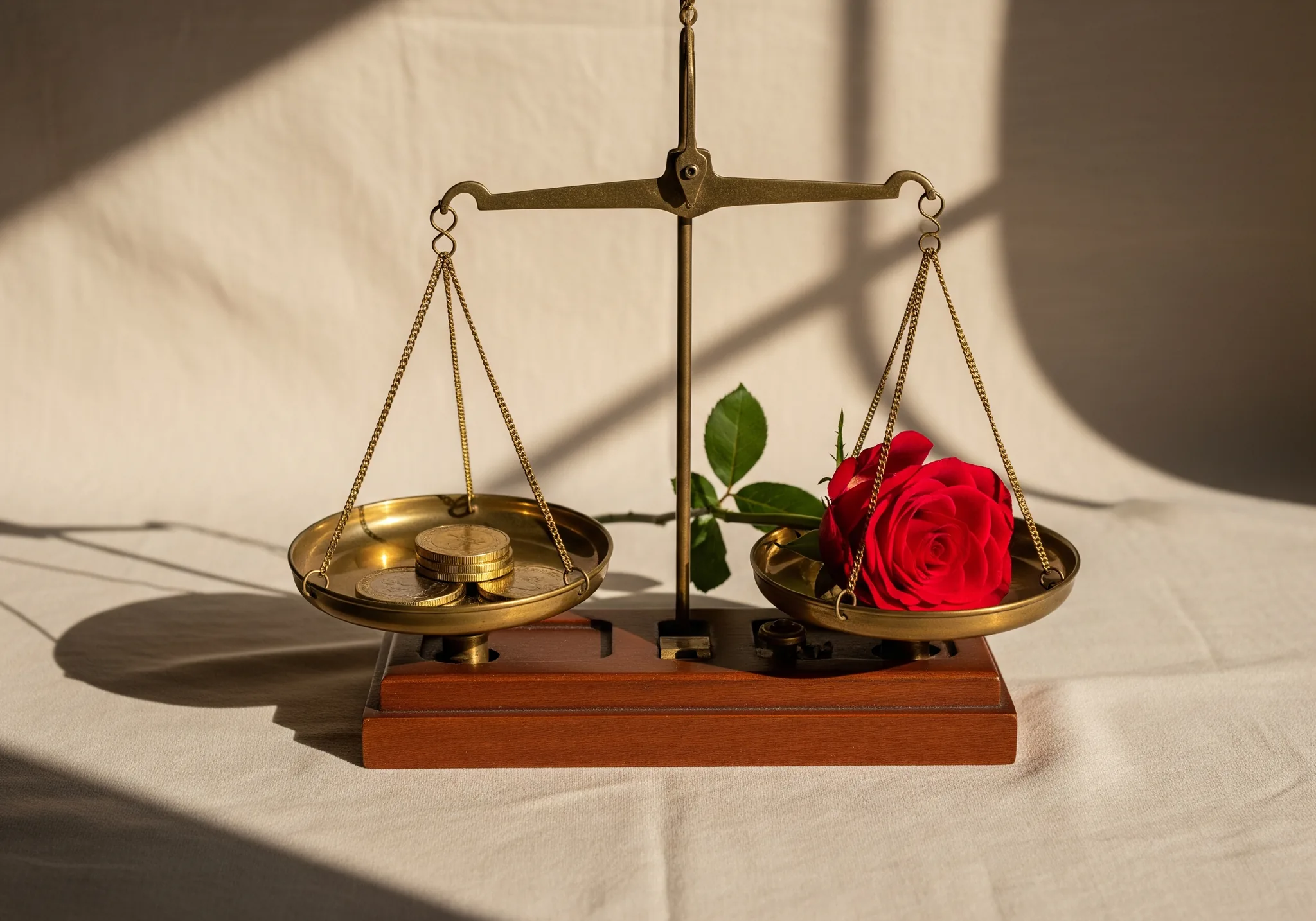 A brass weighing scale balancing gold coins and a red rose