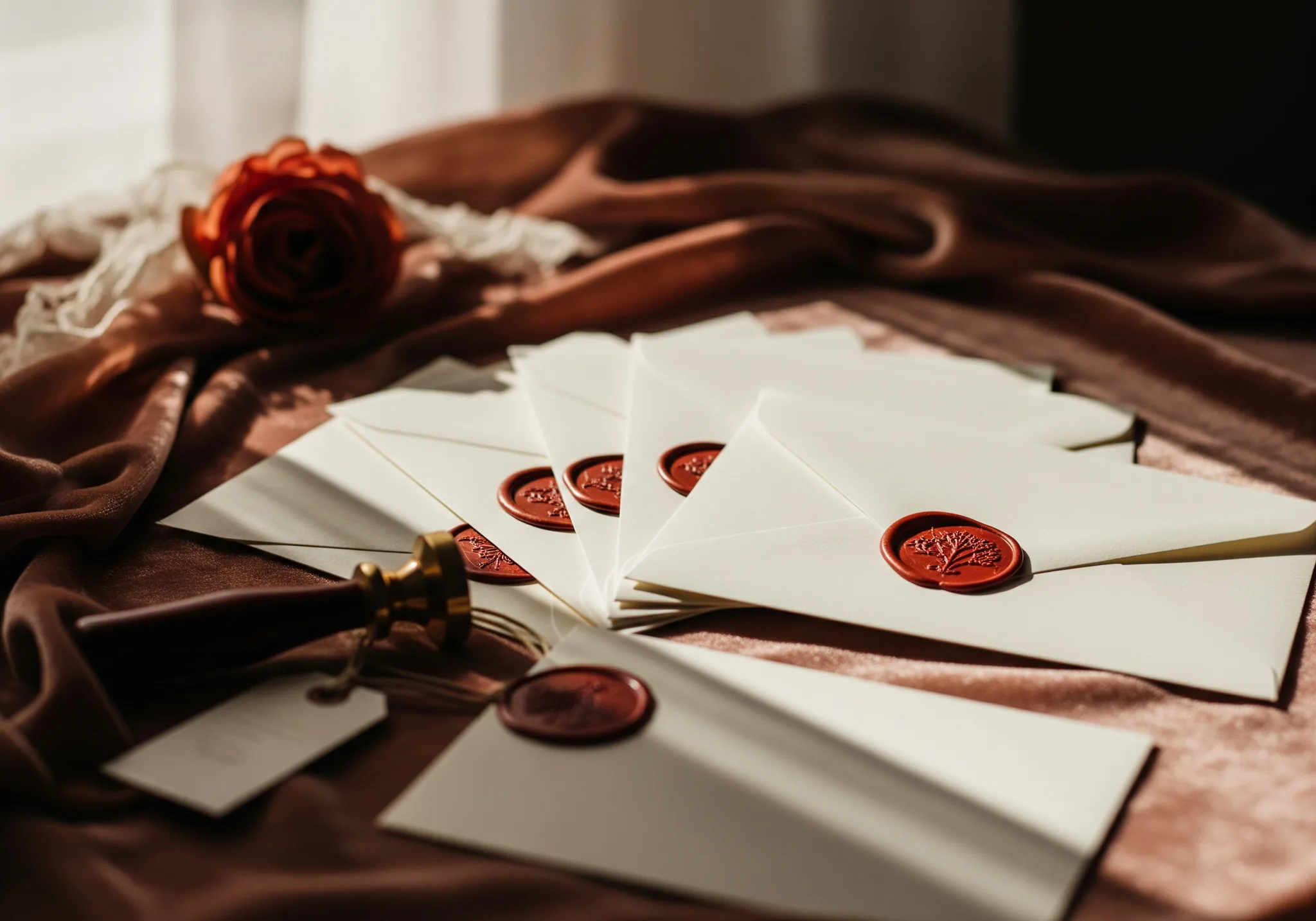 Ivory wedding envelopes fanned out with deep-red wax seals