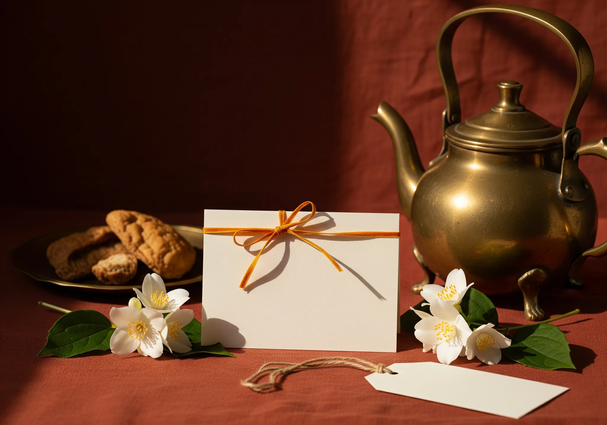 An itinerary card tied with a saffron ribbon beside jasmine