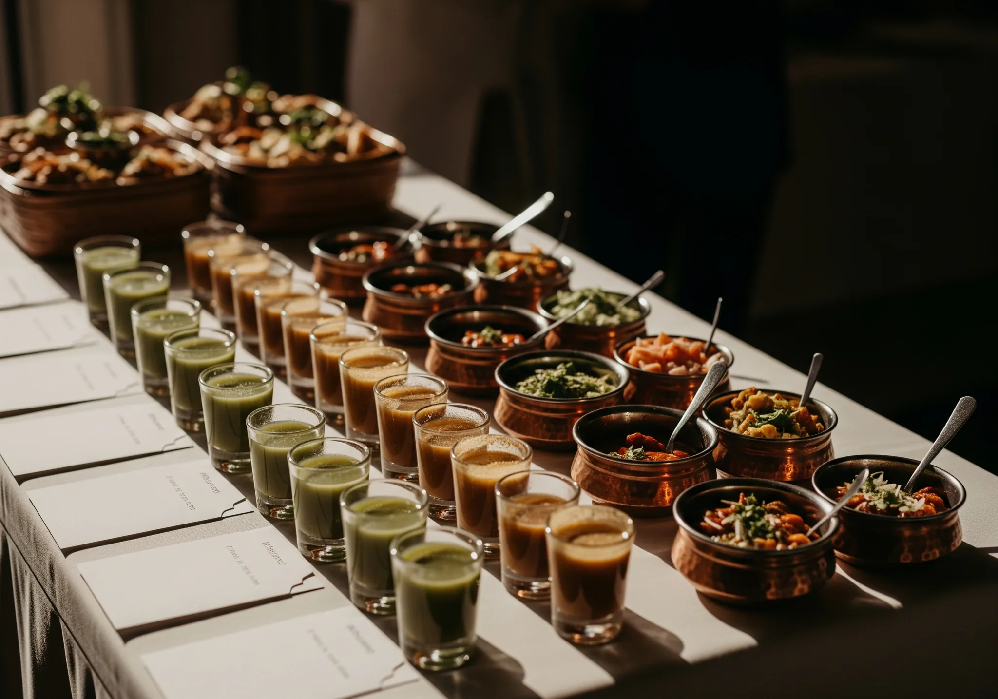 A live chaat counter with pani-puri shot glasses at an Indian wedding