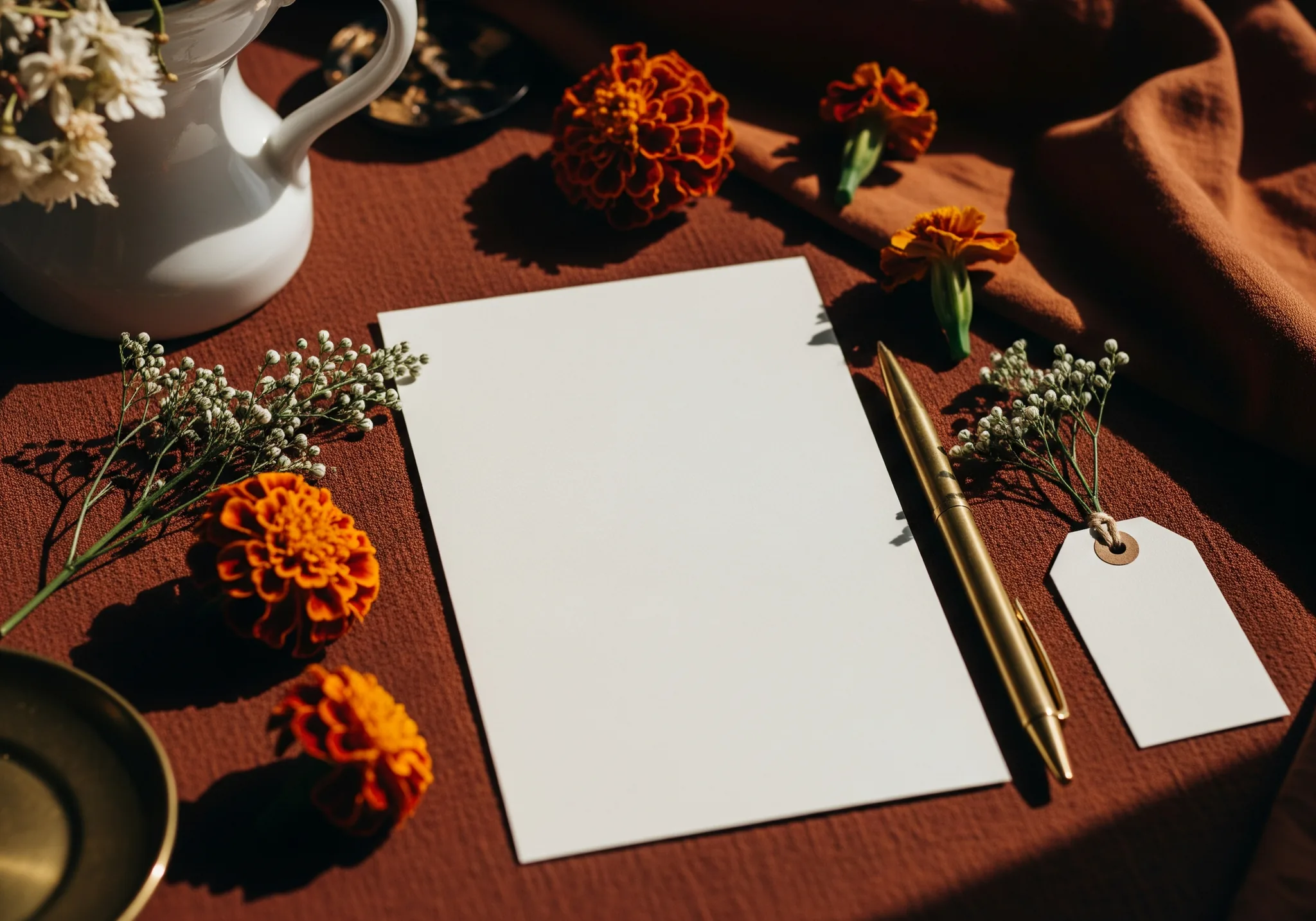 A blank menu card on a marigold-strewn table