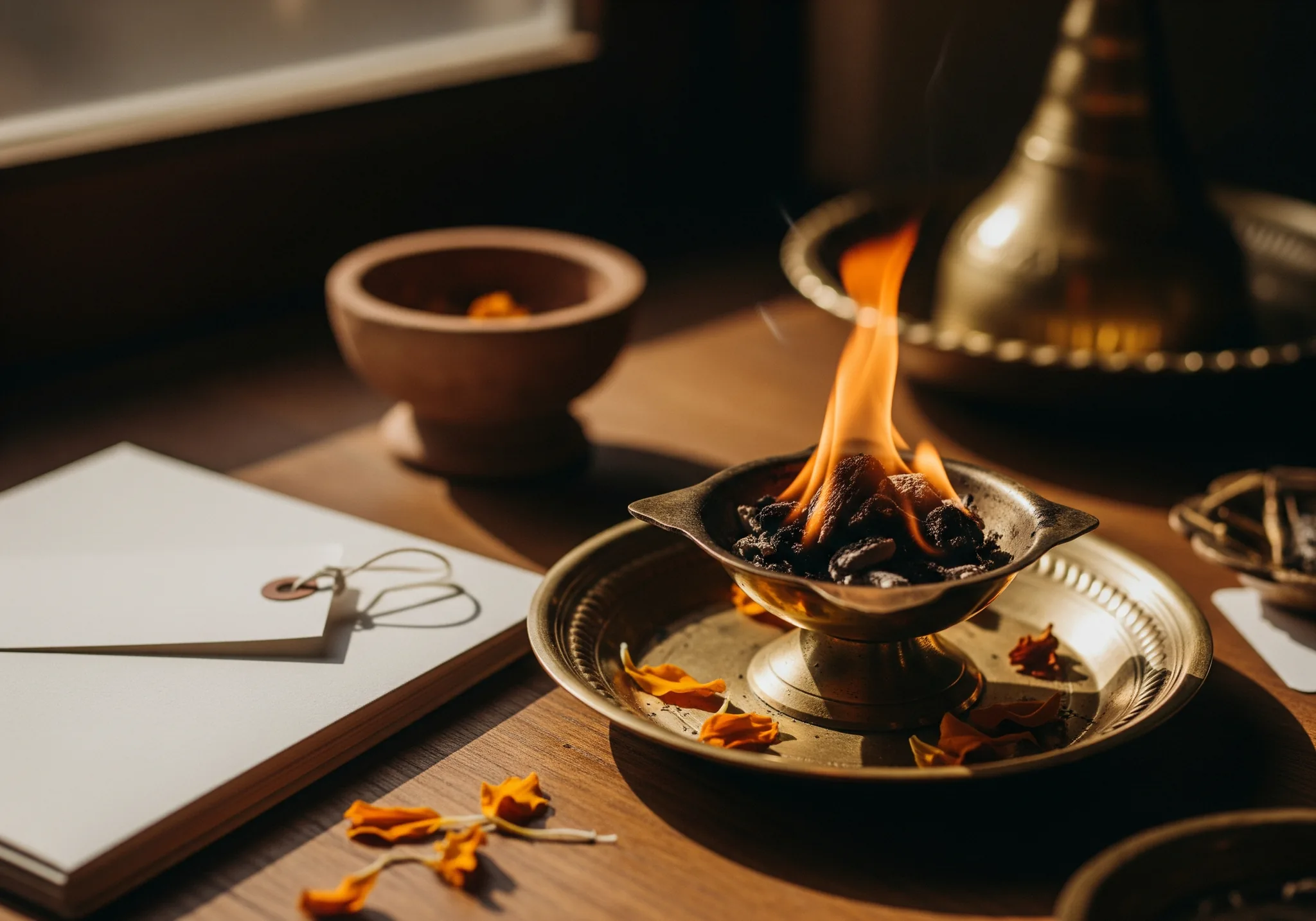 Glowing sacred-fire embers in a brass havan kund