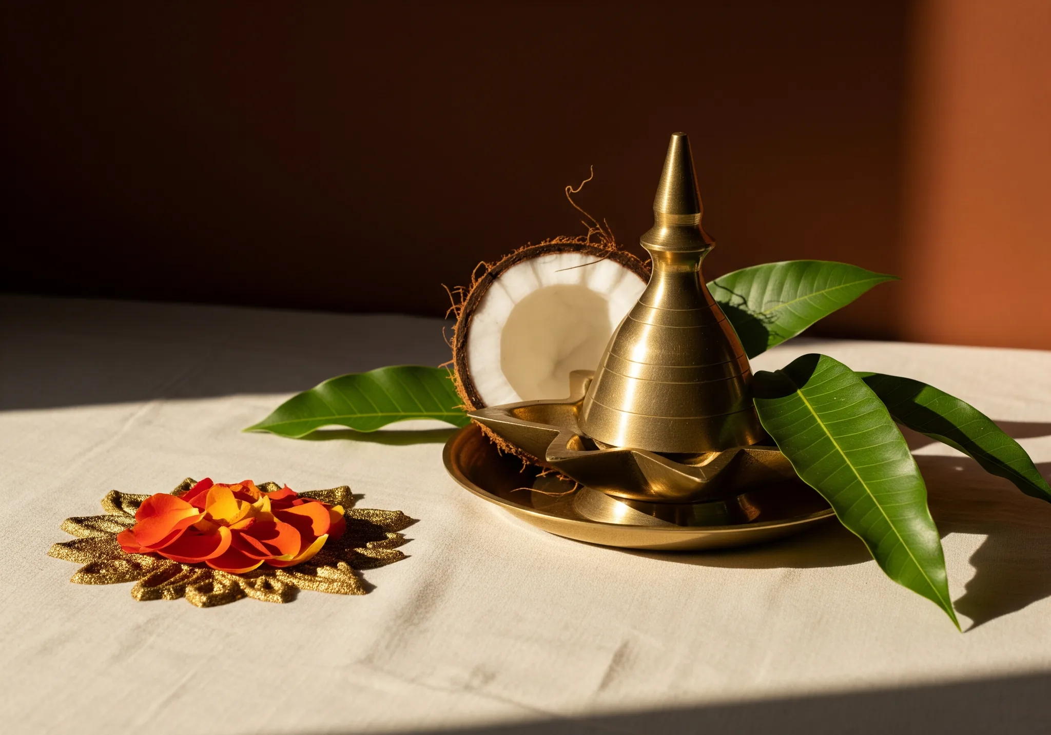 A brass kalash with coconut and mango leaves beside a rose-petal rangoli