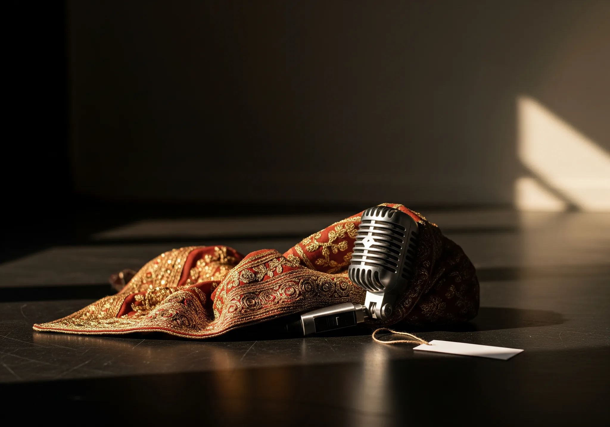 A vintage stage microphone wrapped in an embroidered dupatta