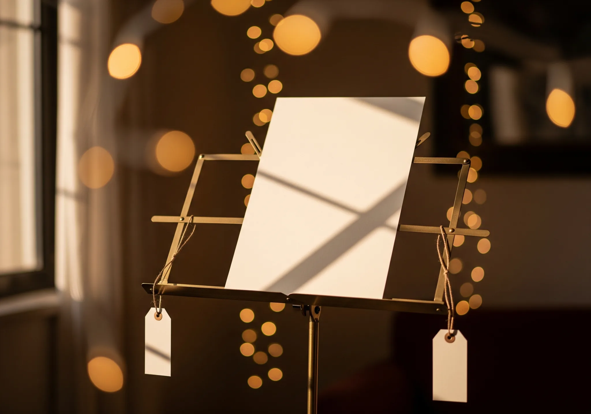 A brass music stand under warm string lights