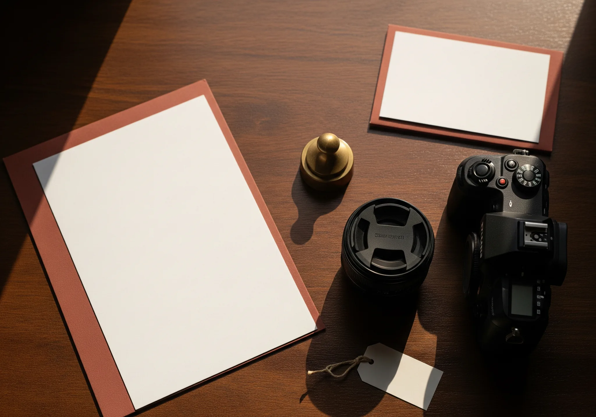 A camera body and prime lens flat-lay beside a brass paperweight