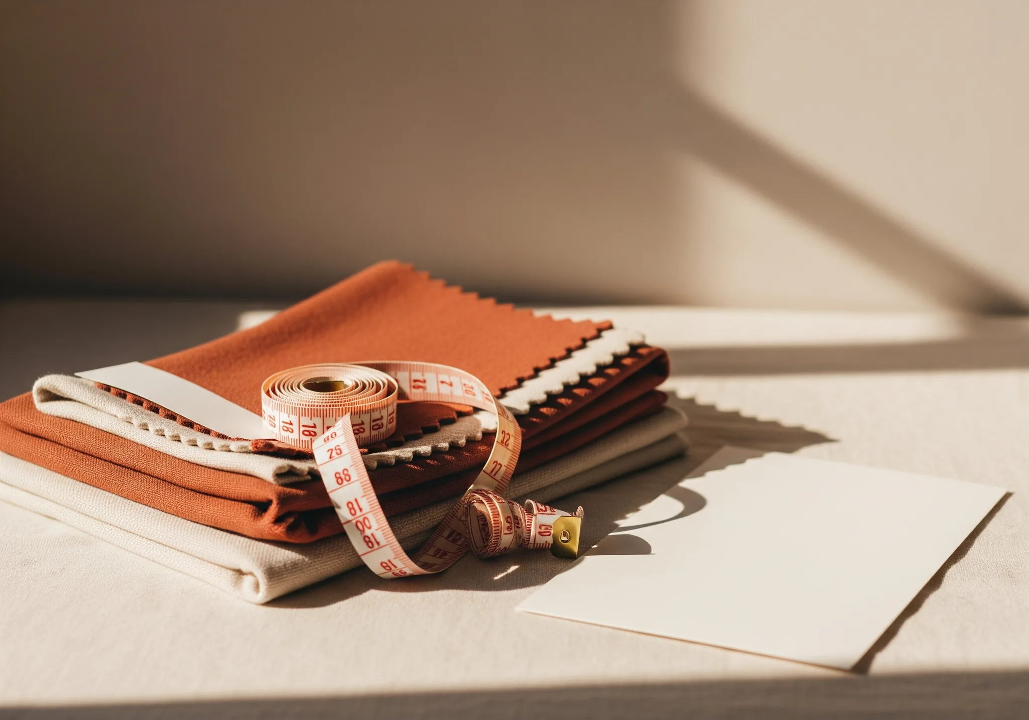 Folded fabric swatches with a measuring tape on ivory linen