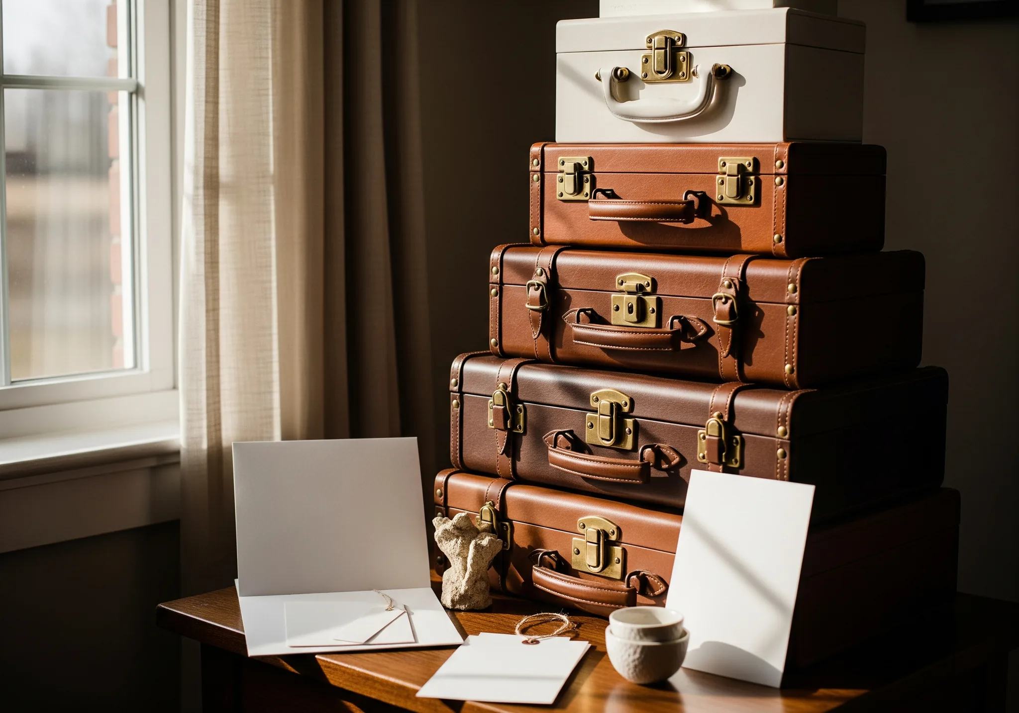 A stack of vintage leather wedding trunks with brass latches