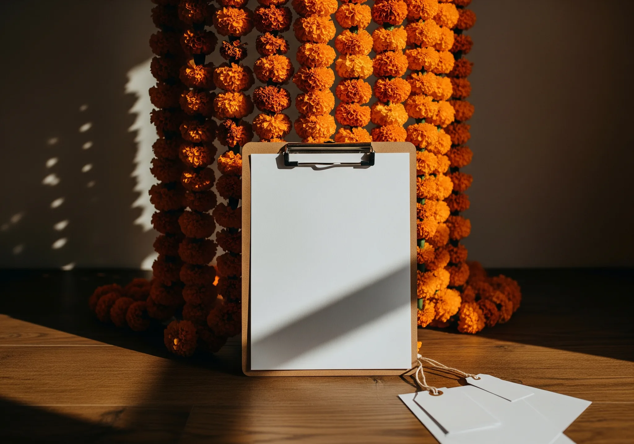 A clipboard with a blank page against a marigold garland backstage